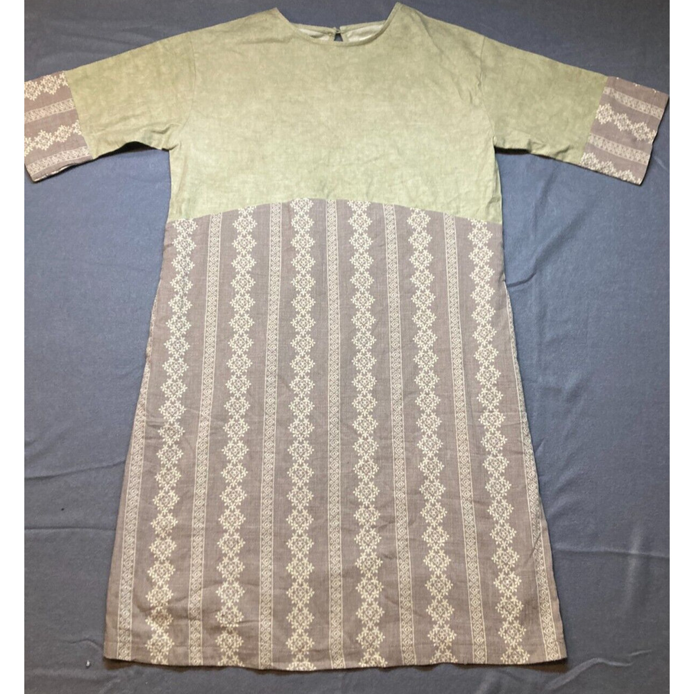 Hidden Alley Crew Neck Midi 100% Linen Dress Boho Beige Brown Women's Size L